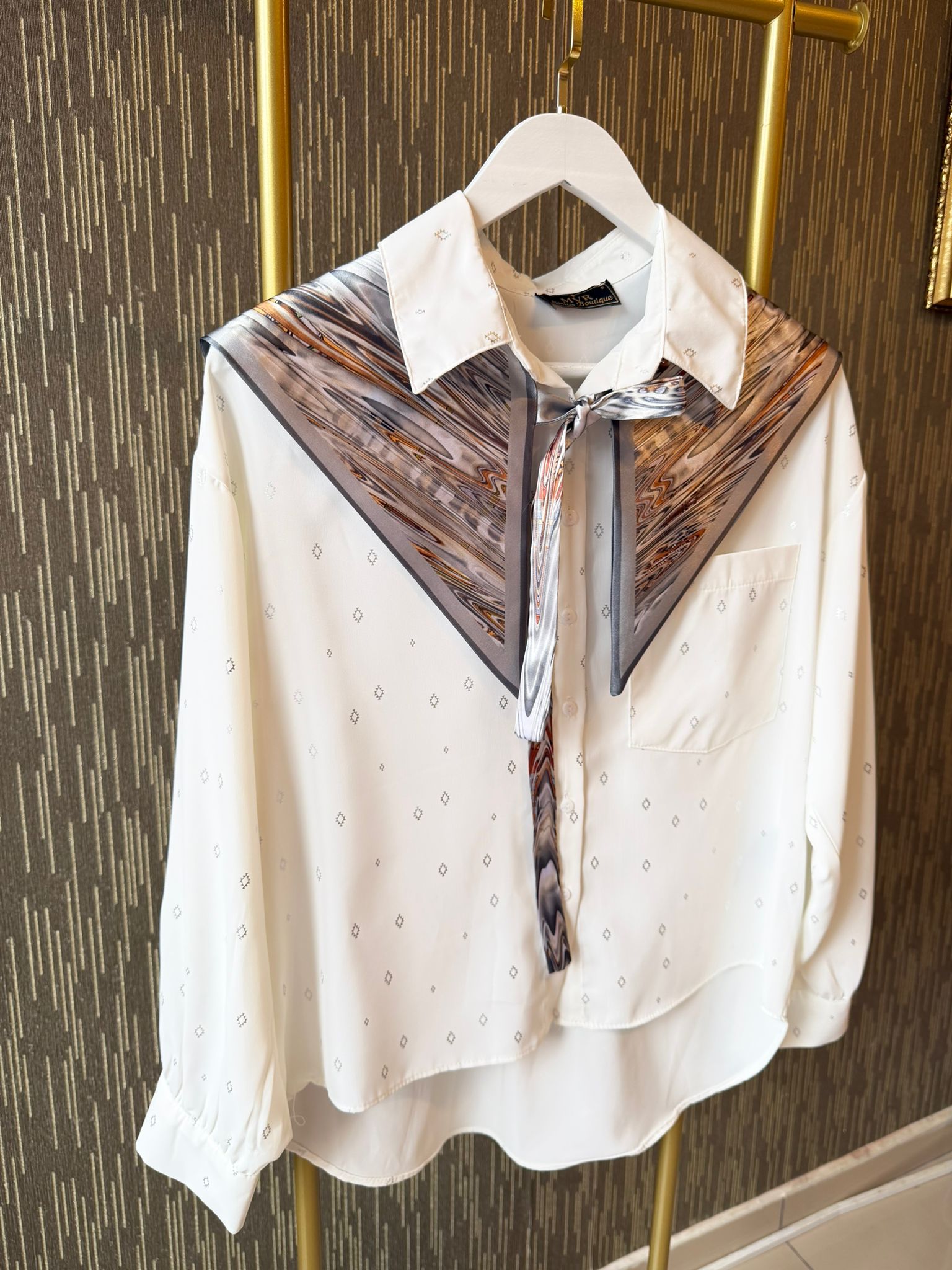 Kadın Desenli Oversize Ekru Gold Gömlek