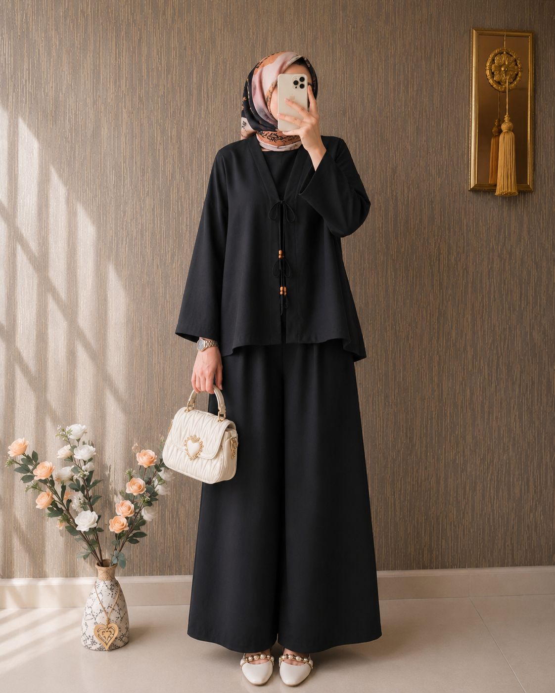 Kadın Keten Kimono İkili Takım Siyah