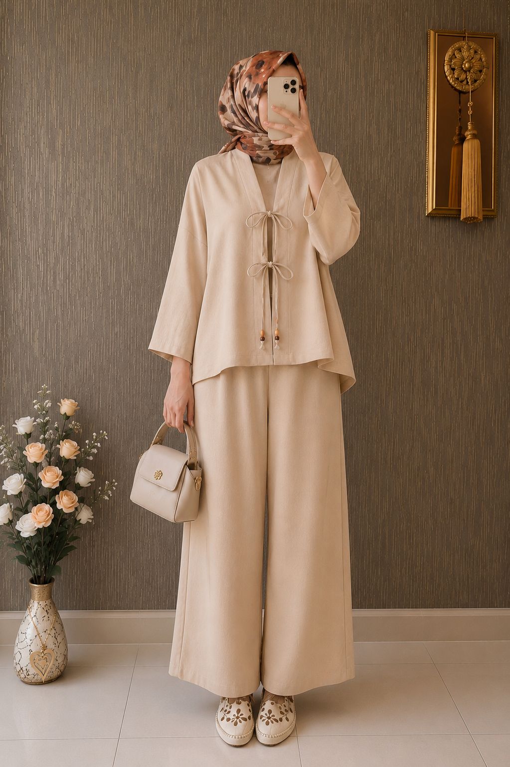 Kadın Keten Kimono İkili Takım Bisküvi